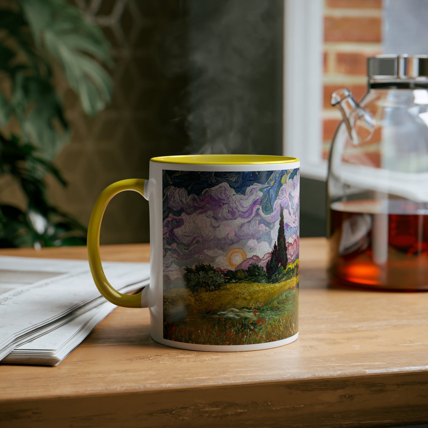 Van Gogh's Wheat Field with Cypresses (1889) - Sunset Fine Art Print Two-Tone Coffee Mugs, 11oz