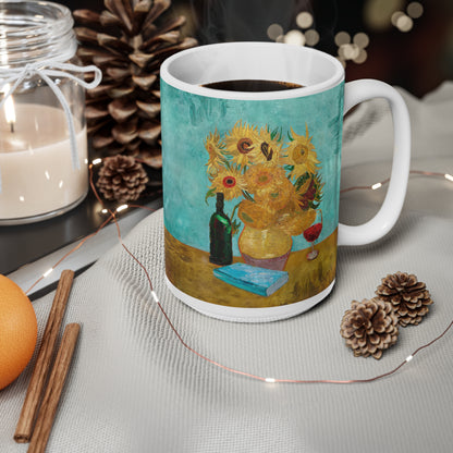 Van Gogh's Vase with Twelve Sunflowers (1888–1889) - Wine and book lover Fine Art Print Ceramic Coffee Mugs, 11oz, 15oz