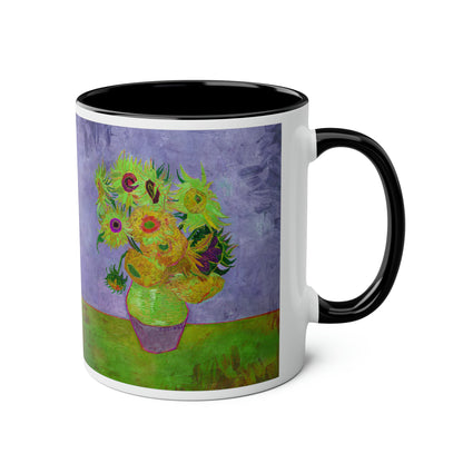 Van Gogh's Vase with Twelve Sunflowers (1888–1889) - Pop art green Fine Art Print Two-Tone Coffee Mugs, 11oz