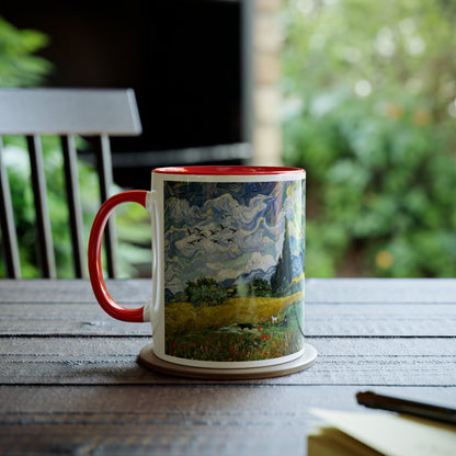 Van Gogh's Wheat Field with Cypresses (1889) - Birds Fine Art Print Two-Tone Coffee Mugs, 11oz