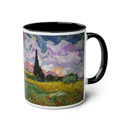 Van Gogh's Wheat Field with Cypresses (1889) - Sunset Fine Art Print Two-Tone Coffee Mugs, 11oz