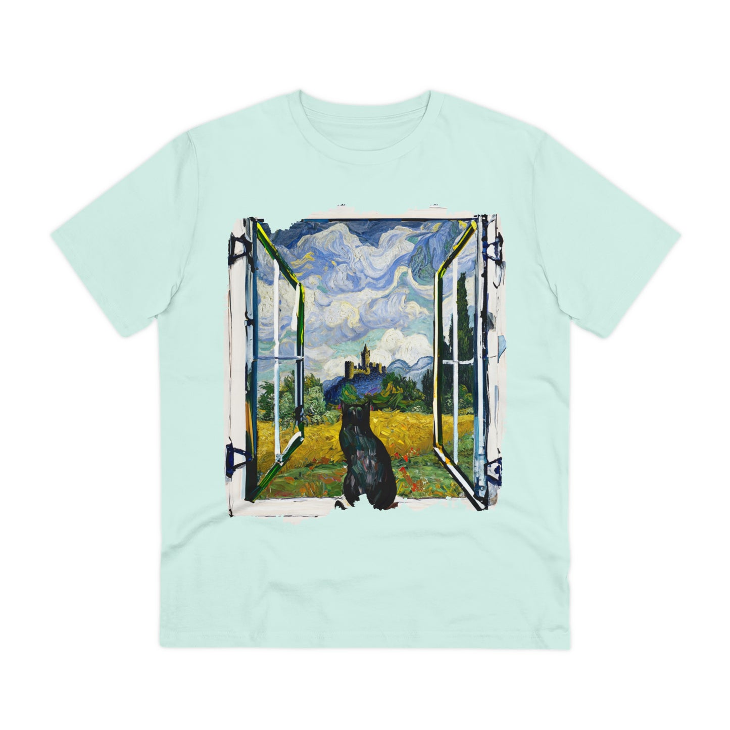 Van Gogh's Wheat Field with Cypresses (1889) - Cat with castle ruin Fine Art Print Organic Cotton T-Shirt Unisex