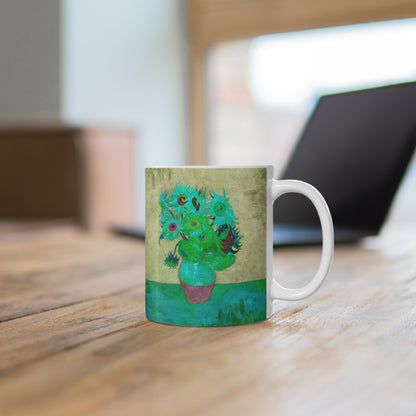 Van Gogh's Vase with Twelve Sunflowers (1888–1889) - Pop art turqoise Fine Art Print Ceramic Coffee Mugs, 11oz, 15oz