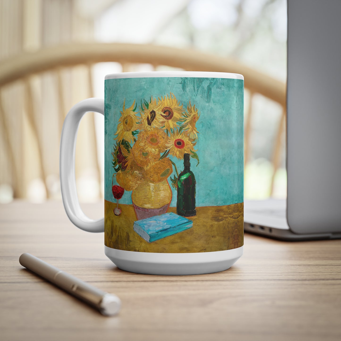 Van Gogh's Vase with Twelve Sunflowers (1888–1889) - Wine and book lover Fine Art Print Ceramic Coffee Mugs, 11oz, 15oz