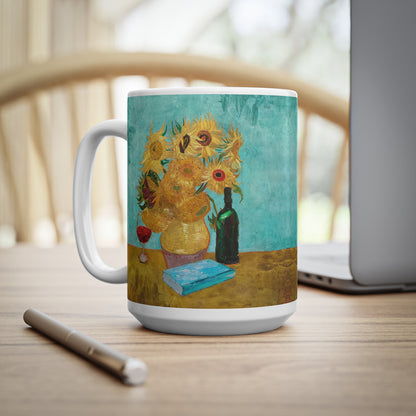 Van Gogh's Vase with Twelve Sunflowers (1888–1889) - Wine and book lover Fine Art Print Ceramic Coffee Mugs, 11oz, 15oz