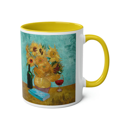 Van Gogh's Vase with Twelve Sunflowers (1888–1889) - Wine and book lover Fine Art Print Two-Tone Coffee Mugs, 11oz