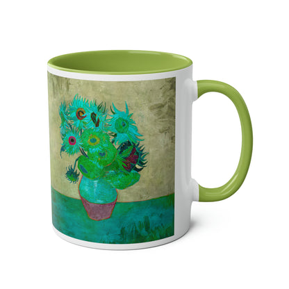 Van Gogh's Vase with Twelve Sunflowers (1888–1889) - Pop art turqoise Fine Art Print Two-Tone Coffee Mugs, 11oz