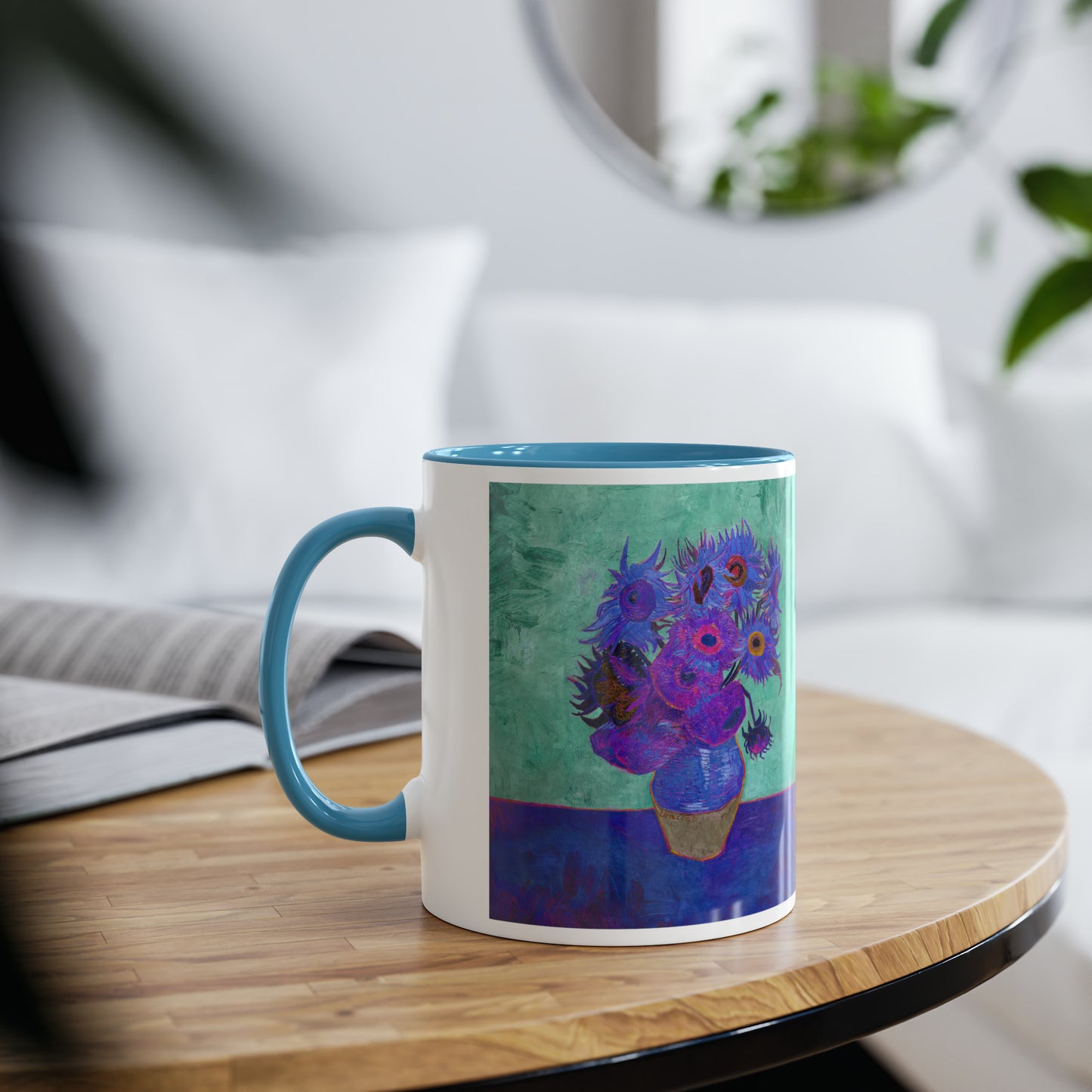 Van Gogh's Vase with Twelve Sunflowers (1888–1889) - Pop art purple Fine Art Print Two-Tone Coffee Mugs, 11oz