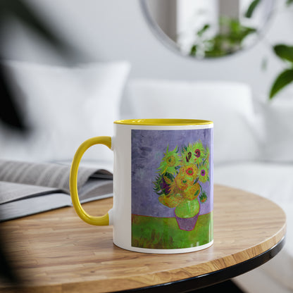 Van Gogh's Vase with Twelve Sunflowers (1888–1889) - Pop art green Fine Art Print Two-Tone Coffee Mugs, 11oz