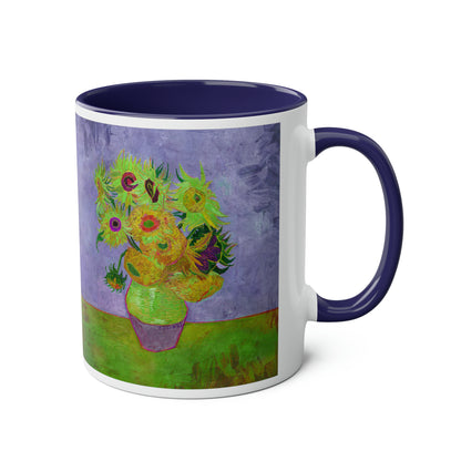 Van Gogh's Vase with Twelve Sunflowers (1888–1889) - Pop art green Fine Art Print Two-Tone Coffee Mugs, 11oz