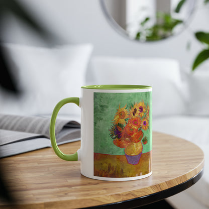 Van Gogh's Vase with Twelve Sunflowers (1888–1889) - Summer Fine Art Print Two-Tone Coffee Mugs, 11oz