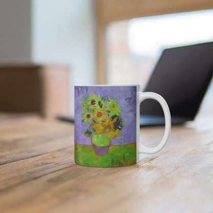 Van Gogh's Vase with Twelve Sunflowers (1888–1889) - Pop art green Fine Art Print Ceramic Coffee Mugs, 11oz, 15oz