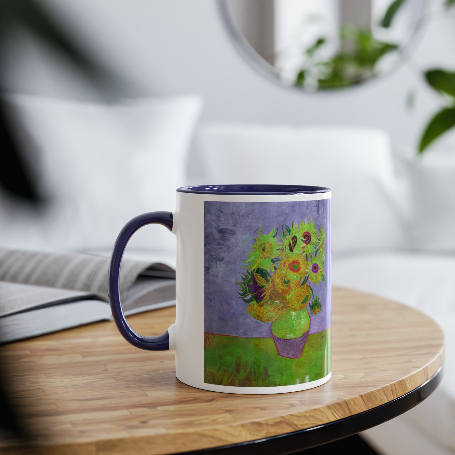 Van Gogh's Vase with Twelve Sunflowers (1888–1889) - Pop art green Fine Art Print Two-Tone Coffee Mugs, 11oz