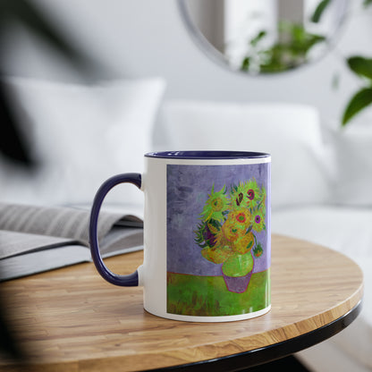 Van Gogh's Vase with Twelve Sunflowers (1888–1889) - Pop art green Fine Art Print Two-Tone Coffee Mugs, 11oz