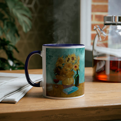 Van Gogh's Vase with Twelve Sunflowers (1888–1889) - Wine and book lover Fine Art Print Two-Tone Coffee Mugs, 11oz