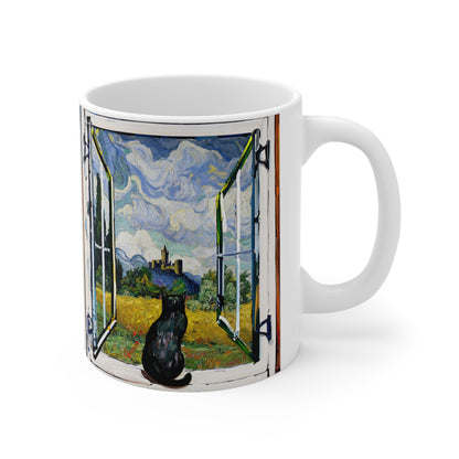 Van Gogh's Wheat Field with Cypresses (1889) - Cat with castle ruin Fine Art Print Ceramic Coffee Mugs, 11oz, 15oz