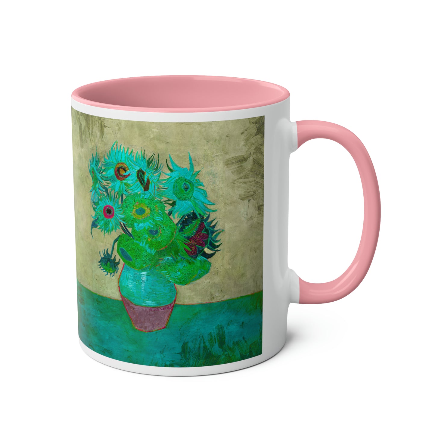 Van Gogh's Vase with Twelve Sunflowers (1888–1889) - Pop art turqoise Fine Art Print Two-Tone Coffee Mugs, 11oz