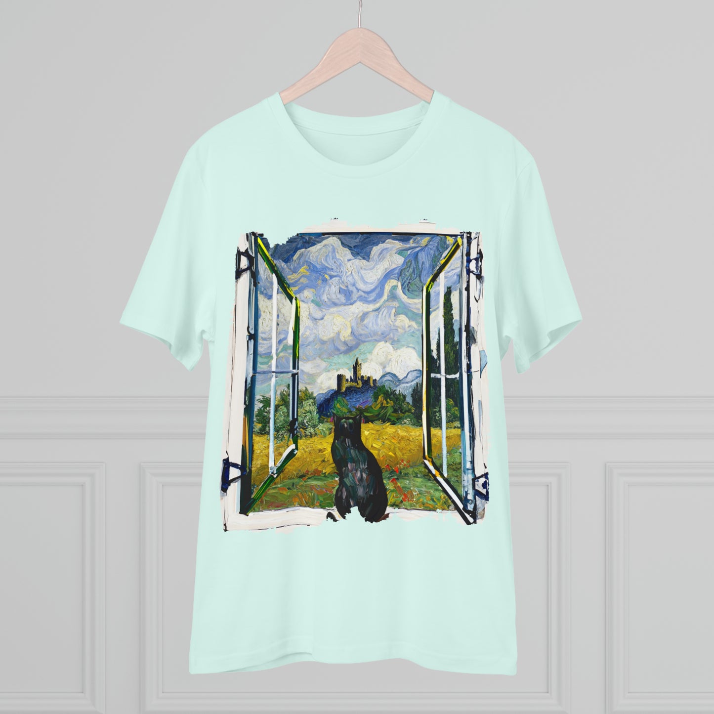 Van Gogh's Wheat Field with Cypresses (1889) - Cat with castle ruin Fine Art Print Organic Cotton T-Shirt Unisex