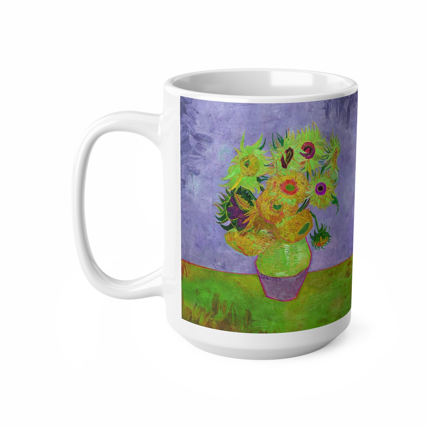 Van Gogh's Vase with Twelve Sunflowers (1888–1889) - Pop art green Fine Art Print Ceramic Coffee Mugs, 11oz, 15oz