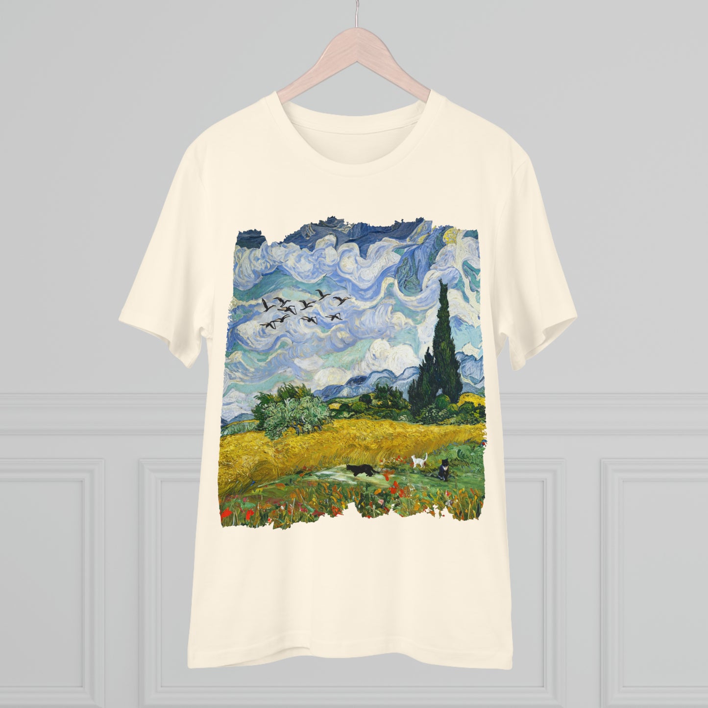 Van Gogh's Wheat Field with Cypresses (1889) - Birds Fine Art Print Organic Cotton T-Shirt Unisex