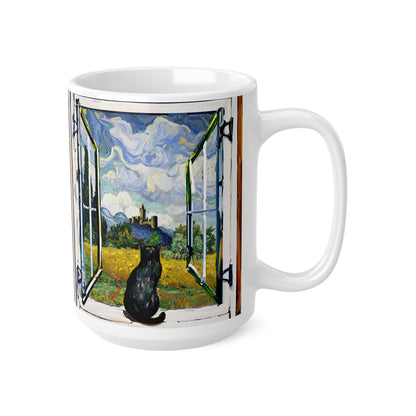 Van Gogh's Wheat Field with Cypresses (1889) - Cat with castle ruin Fine Art Print Ceramic Coffee Mugs, 11oz, 15oz