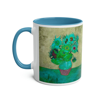 Van Gogh's Vase with Twelve Sunflowers (1888–1889) - Pop art turqoise Fine Art Print Two-Tone Coffee Mugs, 11oz