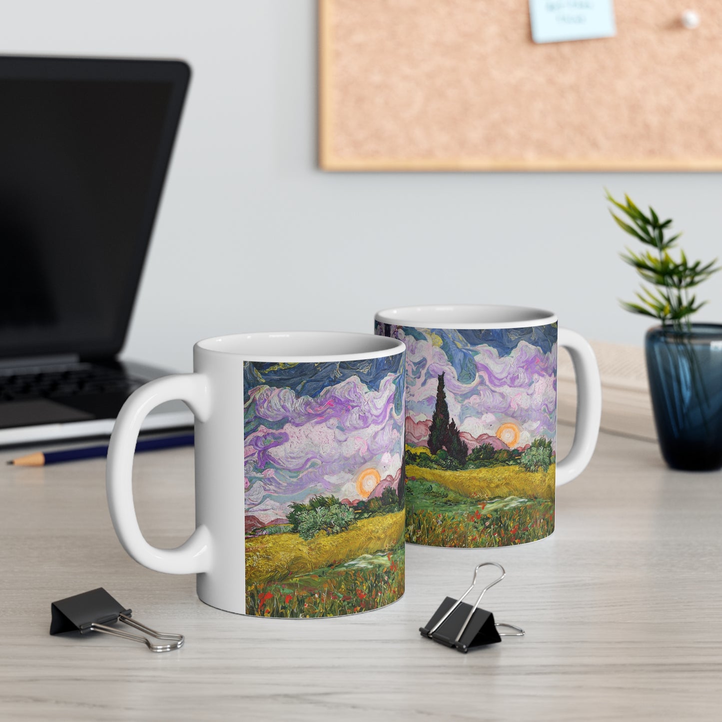 Van Gogh's Wheat Field with Cypresses (1889) - Sunset Fine Art Print Ceramic Coffee Mugs, 11oz, 15oz