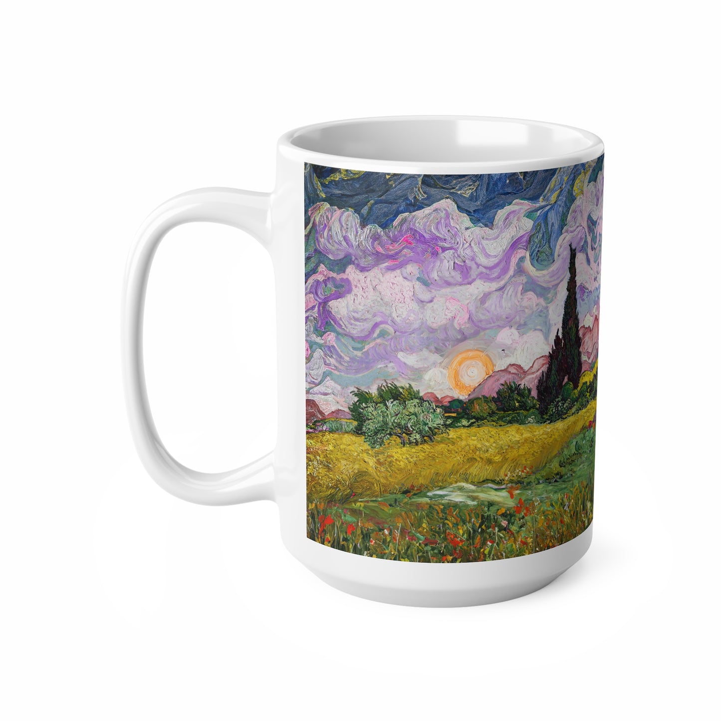 Van Gogh's Wheat Field with Cypresses (1889) - Sunset Fine Art Print Ceramic Coffee Mugs, 11oz, 15oz