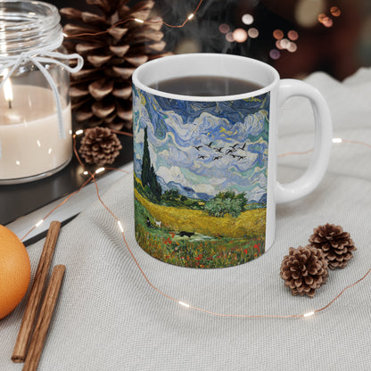 Van Gogh's Wheat Field with Cypresses (1889) - Birds Fine Art Print Ceramic Coffee Mugs, 11oz, 15oz