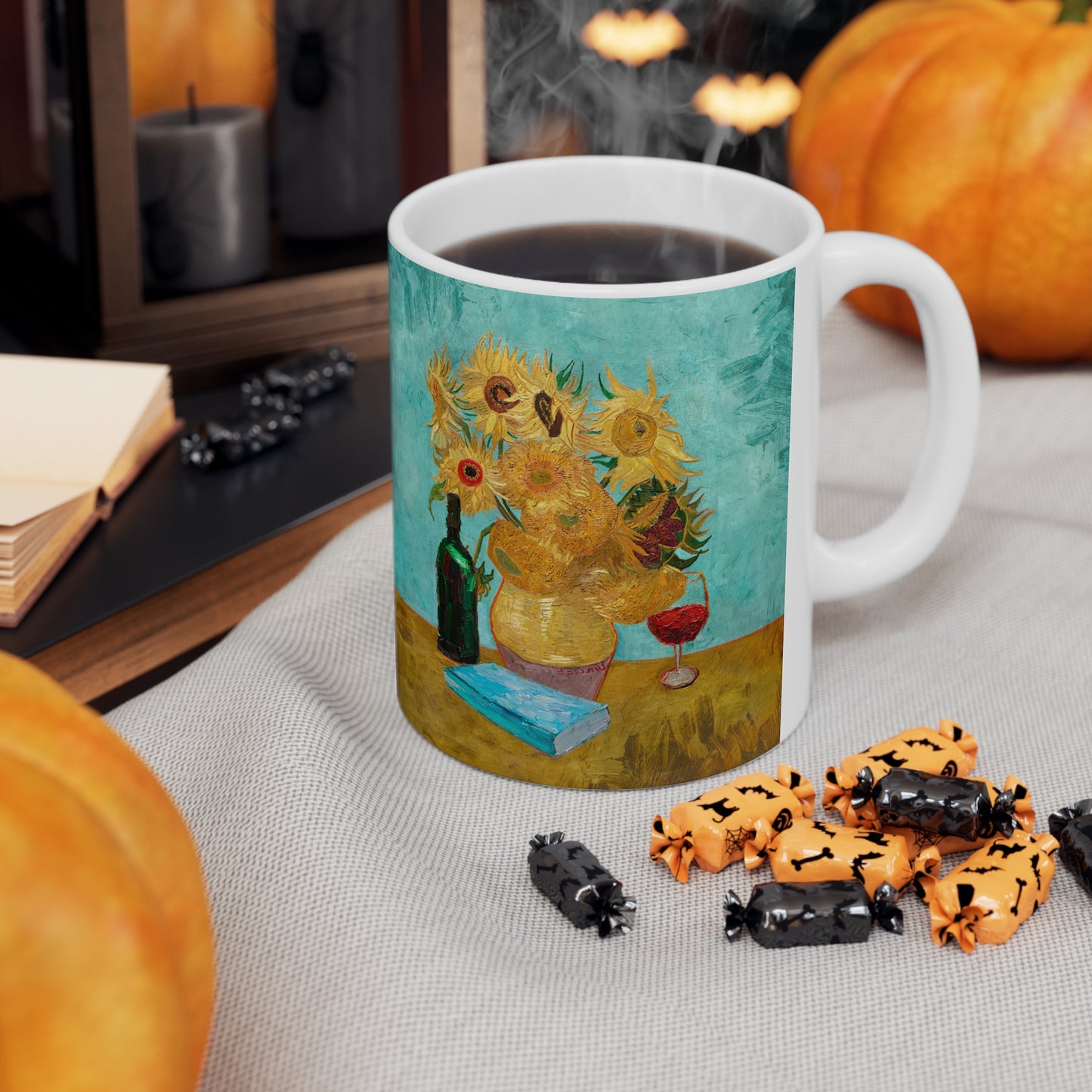 Van Gogh's Vase with Twelve Sunflowers (1888–1889) - Wine and book lover Fine Art Print Ceramic Coffee Mugs, 11oz, 15oz