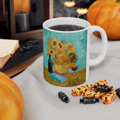 Van Gogh's Vase with Twelve Sunflowers (1888–1889) - Wine and book lover Fine Art Print Ceramic Coffee Mugs, 11oz, 15oz