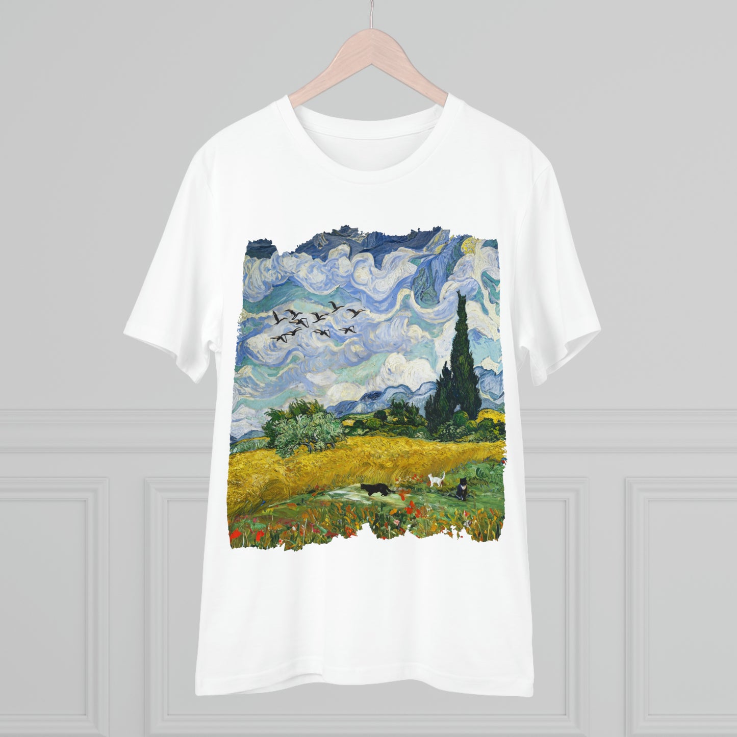 Van Gogh's Wheat Field with Cypresses (1889) - Birds Fine Art Print Organic Cotton T-Shirt Unisex