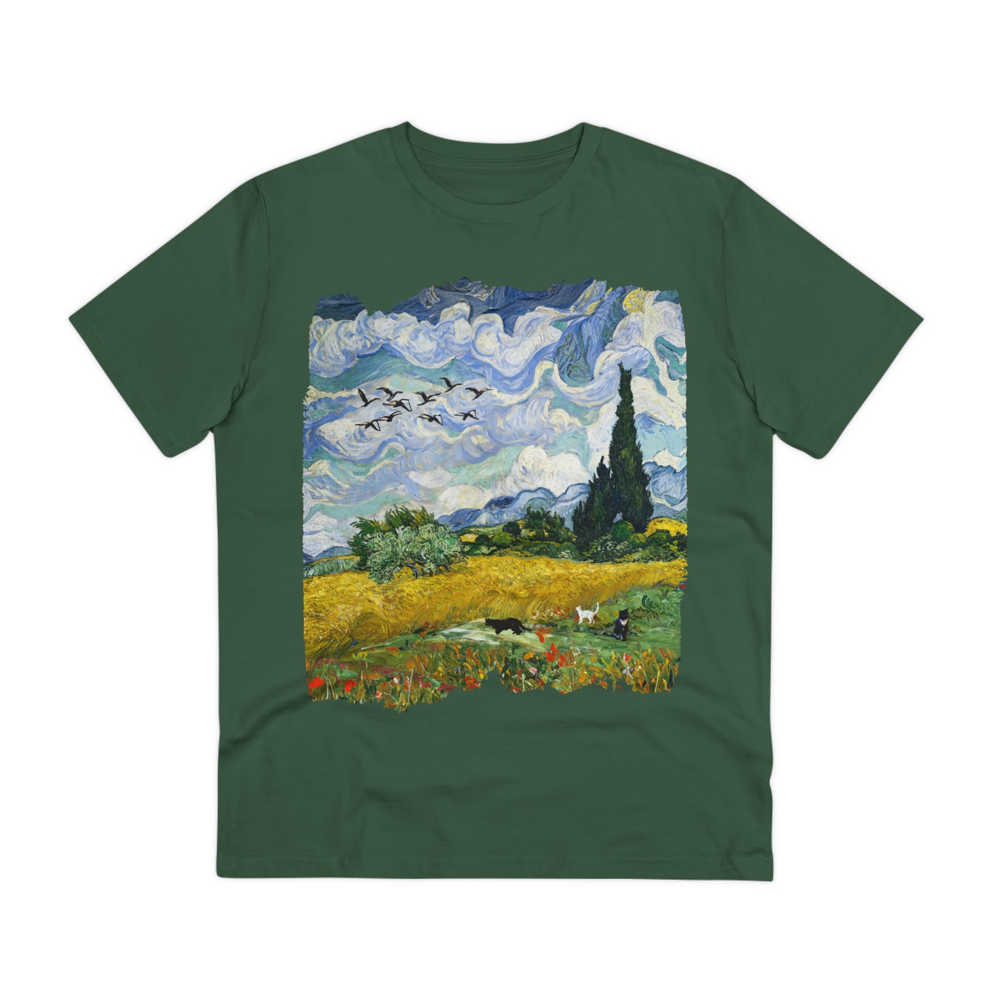 Van Gogh's Wheat Field with Cypresses (1889) - Birds Fine Art Print Organic Cotton T-Shirt Unisex