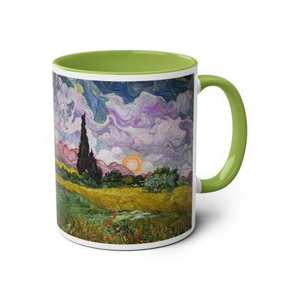 Van Gogh's Wheat Field with Cypresses (1889) - Sunset Fine Art Print Two-Tone Coffee Mugs, 11oz