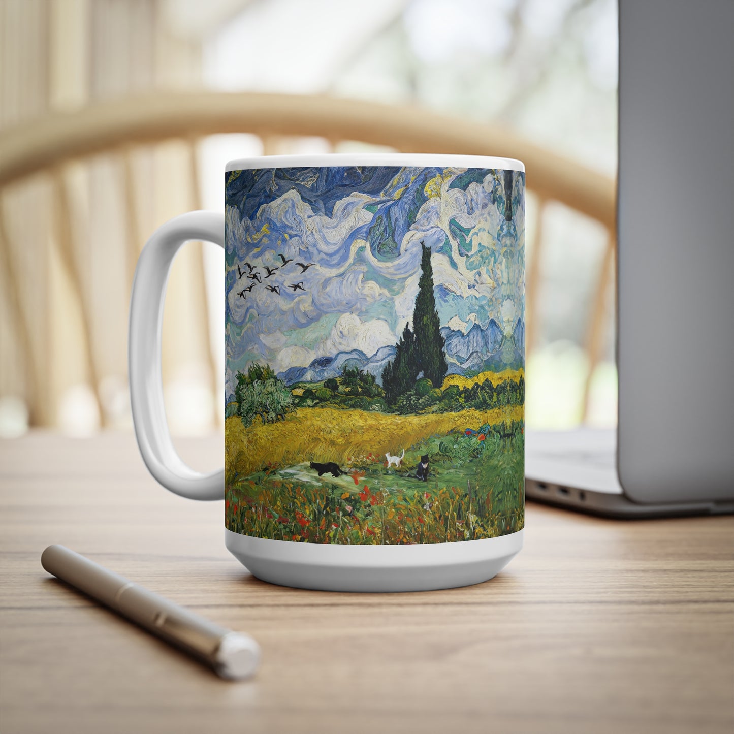 Van Gogh's Wheat Field with Cypresses (1889) - Birds Fine Art Print Ceramic Coffee Mugs, 11oz, 15oz