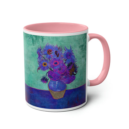 Van Gogh's Vase with Twelve Sunflowers (1888–1889) - Pop art purple Fine Art Print Two-Tone Coffee Mugs, 11oz