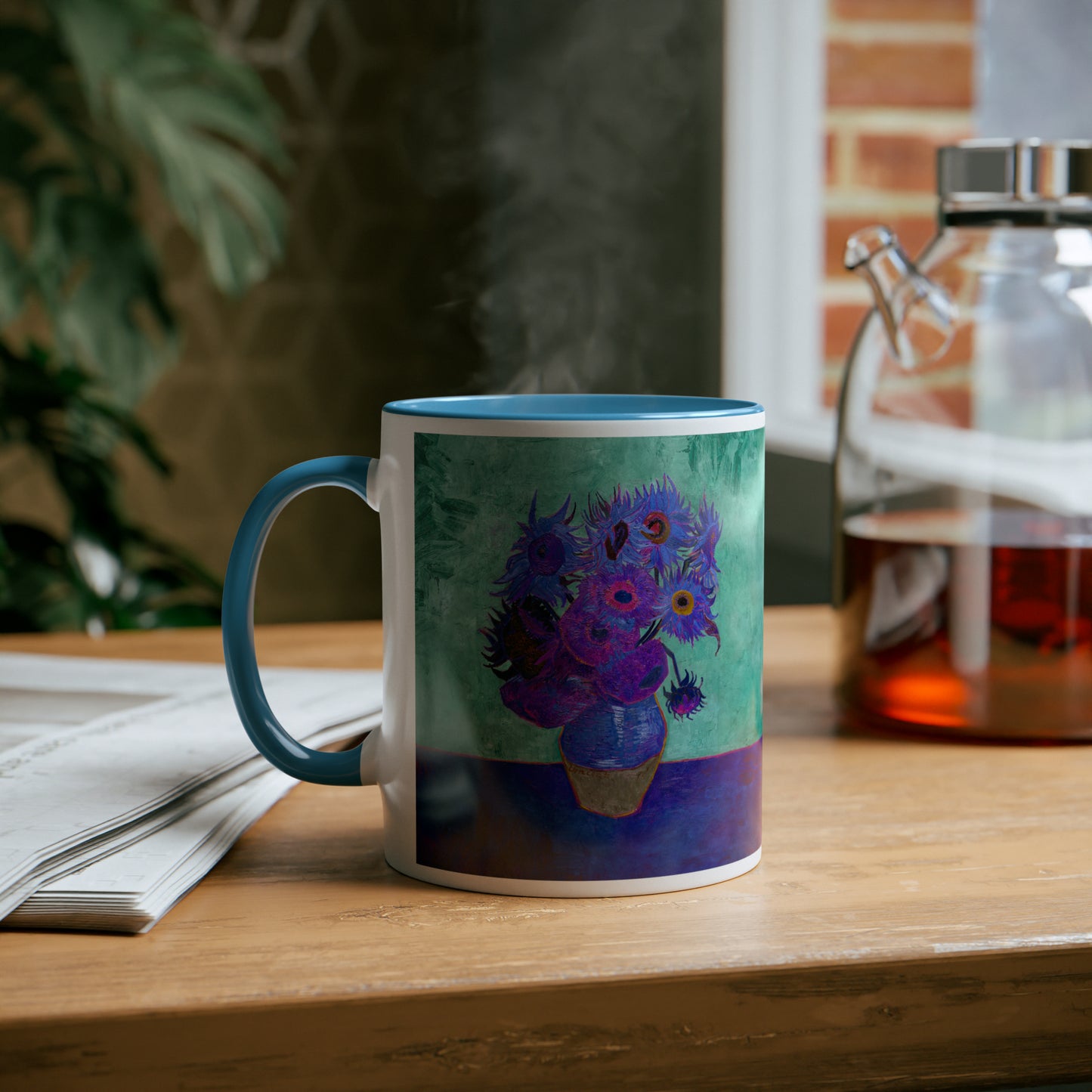 Van Gogh's Vase with Twelve Sunflowers (1888–1889) - Pop art purple Fine Art Print Two-Tone Coffee Mugs, 11oz