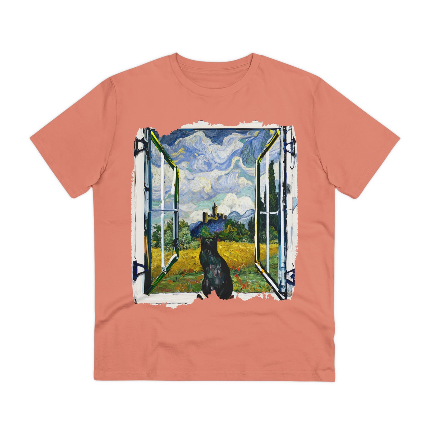 Van Gogh's Wheat Field with Cypresses (1889) - Cat with castle ruin Fine Art Print Organic Cotton T-Shirt Unisex