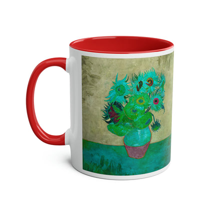 Van Gogh's Vase with Twelve Sunflowers (1888–1889) - Pop art turqoise Fine Art Print Two-Tone Coffee Mugs, 11oz