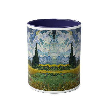 Van Gogh's Wheat Field with Cypresses (1889) - Original Fine Art Print Two-Tone Coffee Mugs, 11oz