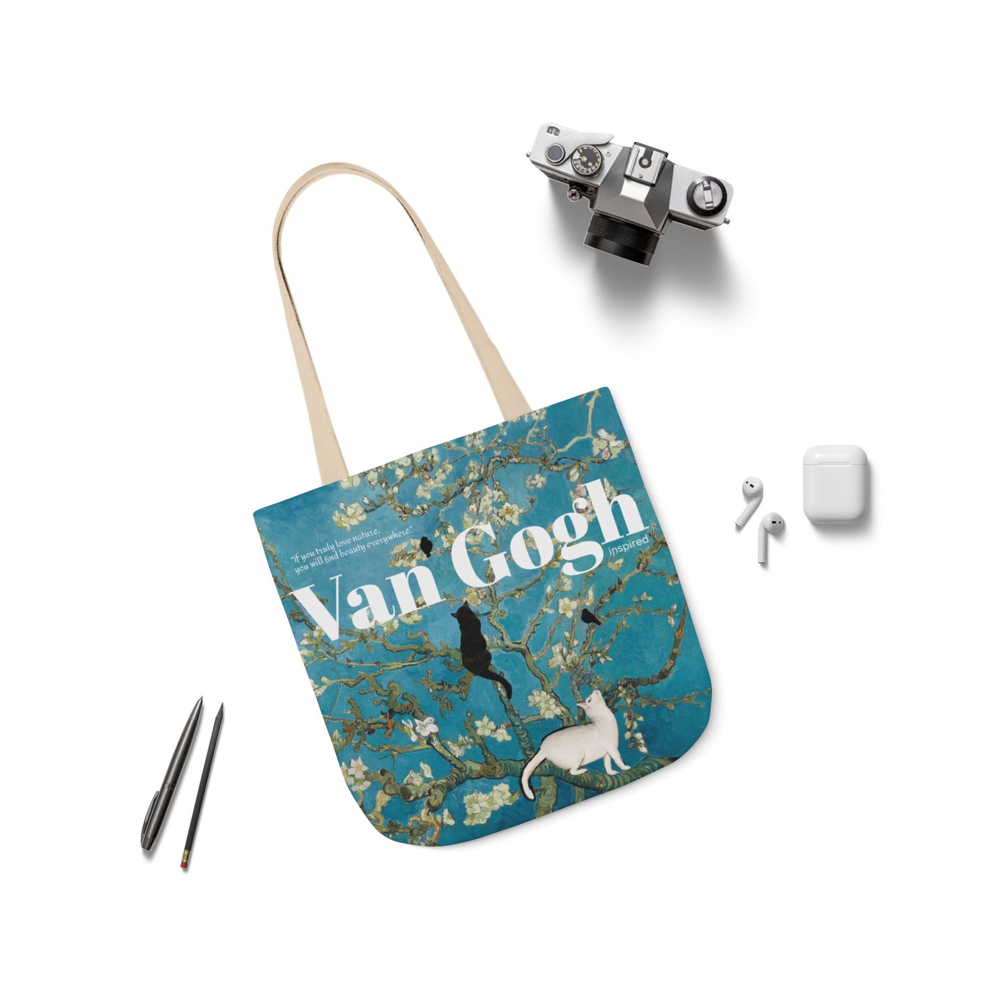 Vincent Vang Gogh Cherry Blossom - Cats - Canvas Tote Bag, 5-Color Straps