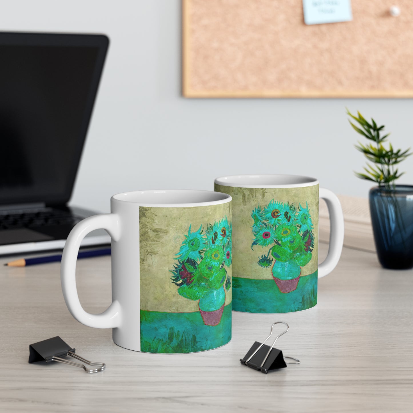 Van Gogh's Vase with Twelve Sunflowers (1888–1889) - Pop art turqoise Fine Art Print Ceramic Coffee Mugs, 11oz, 15oz