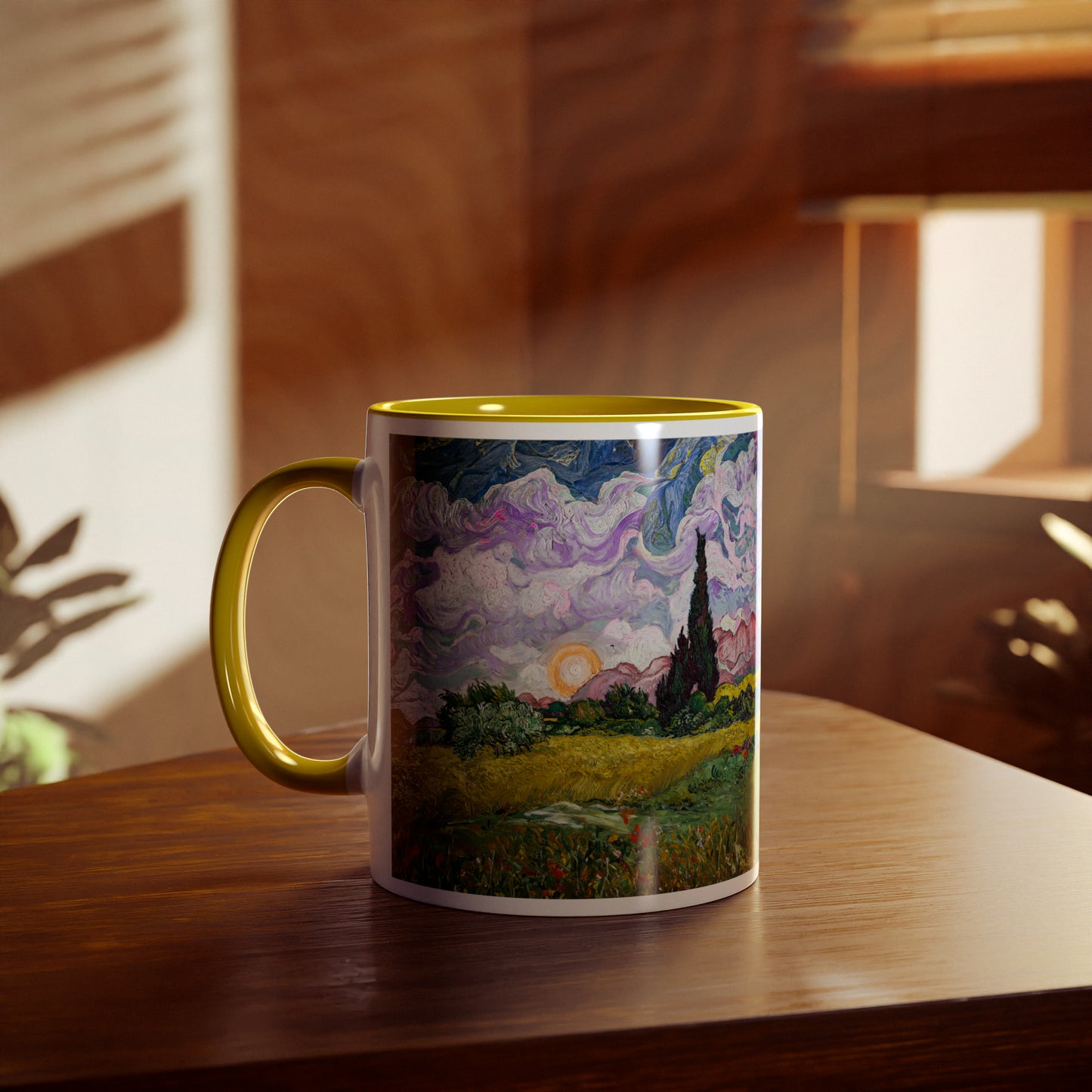 Van Gogh's Wheat Field with Cypresses (1889) - Sunset Fine Art Print Two-Tone Coffee Mugs, 11oz