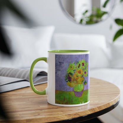 Van Gogh's Vase with Twelve Sunflowers (1888–1889) - Pop art green Fine Art Print Two-Tone Coffee Mugs, 11oz