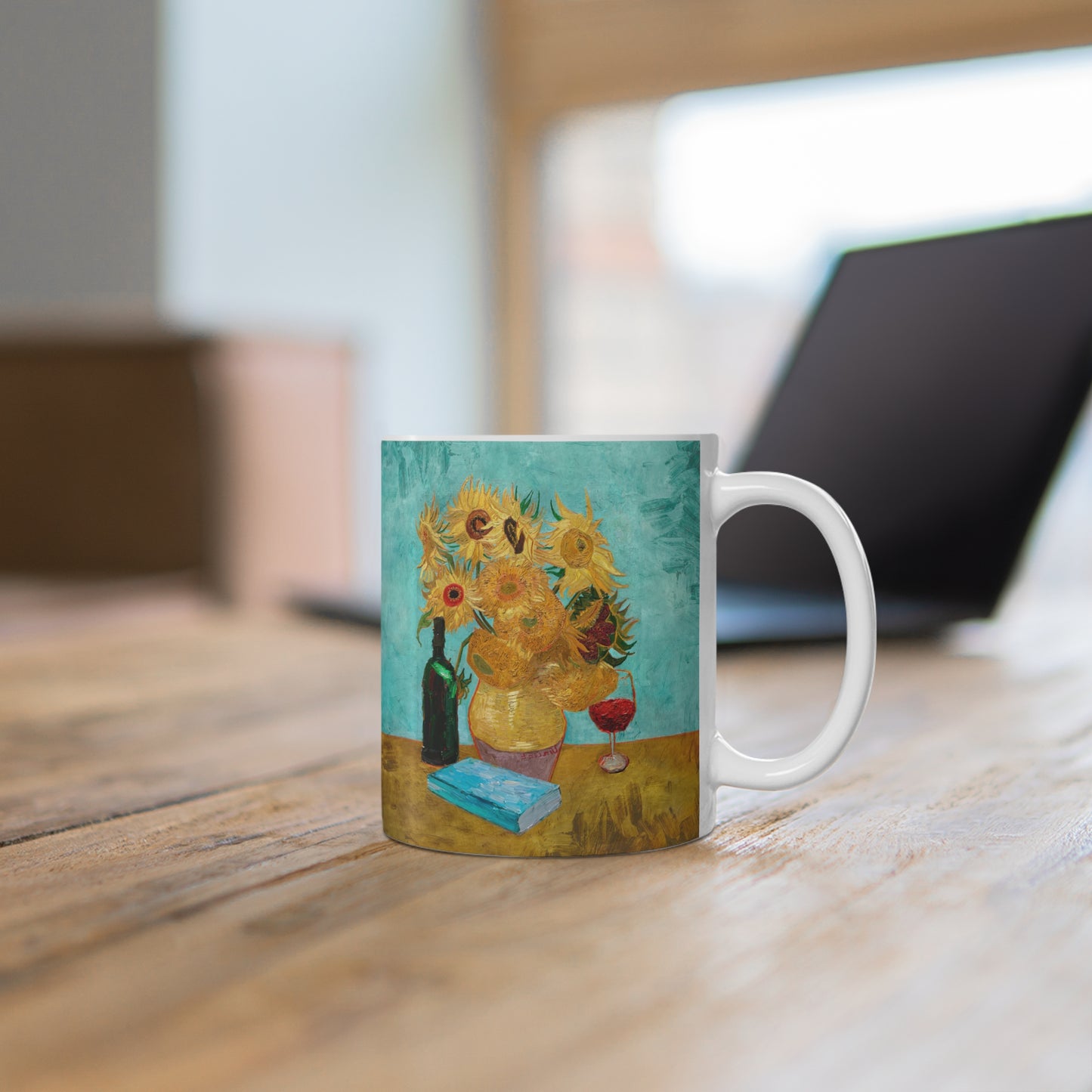 Van Gogh's Vase with Twelve Sunflowers (1888–1889) - Wine and book lover Fine Art Print Ceramic Coffee Mugs, 11oz, 15oz