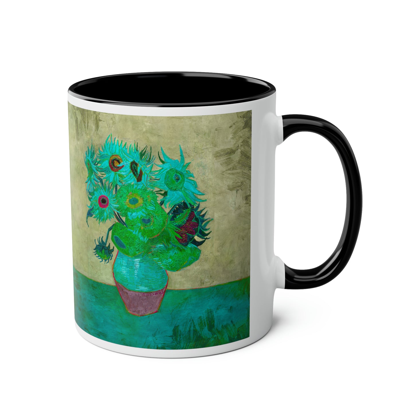 Van Gogh's Vase with Twelve Sunflowers (1888–1889) - Pop art turqoise Fine Art Print Two-Tone Coffee Mugs, 11oz