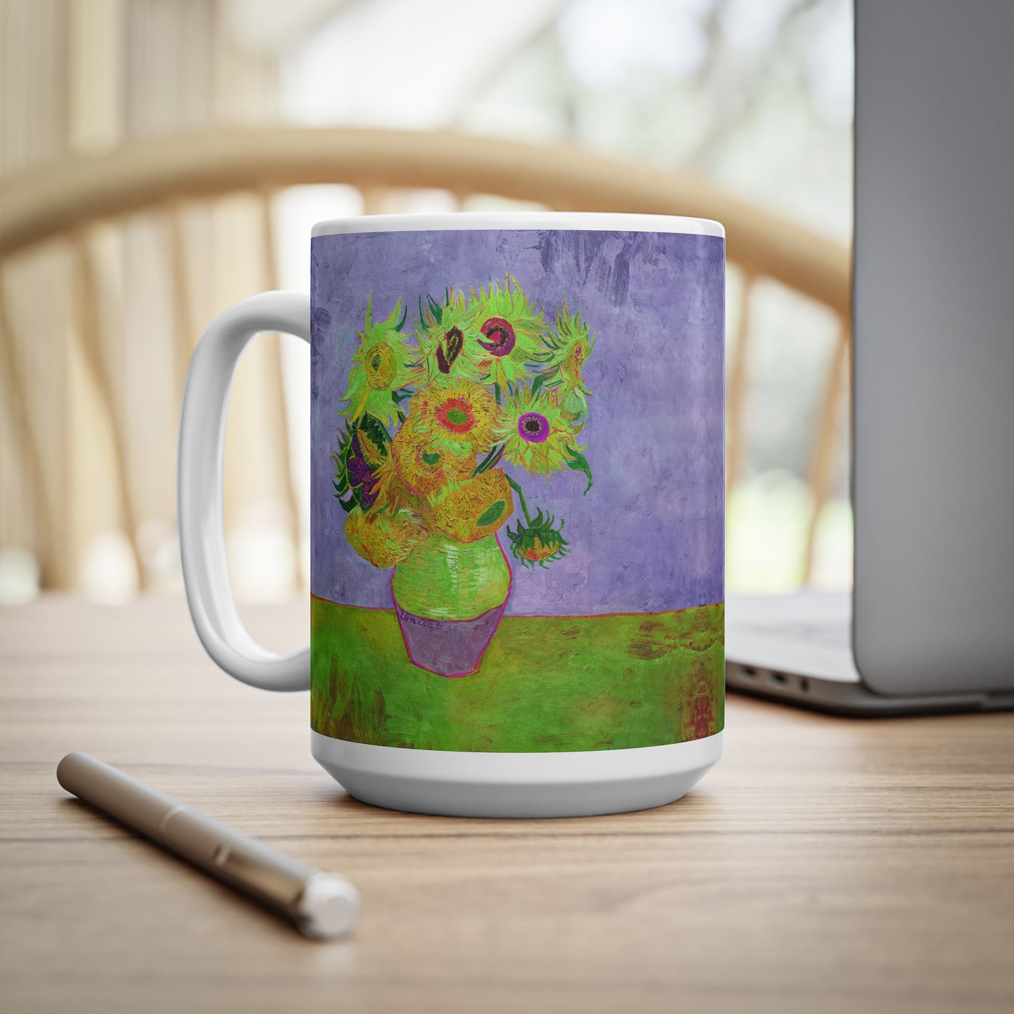 Van Gogh's Vase with Twelve Sunflowers (1888–1889) - Pop art green Fine Art Print Ceramic Coffee Mugs, 11oz, 15oz