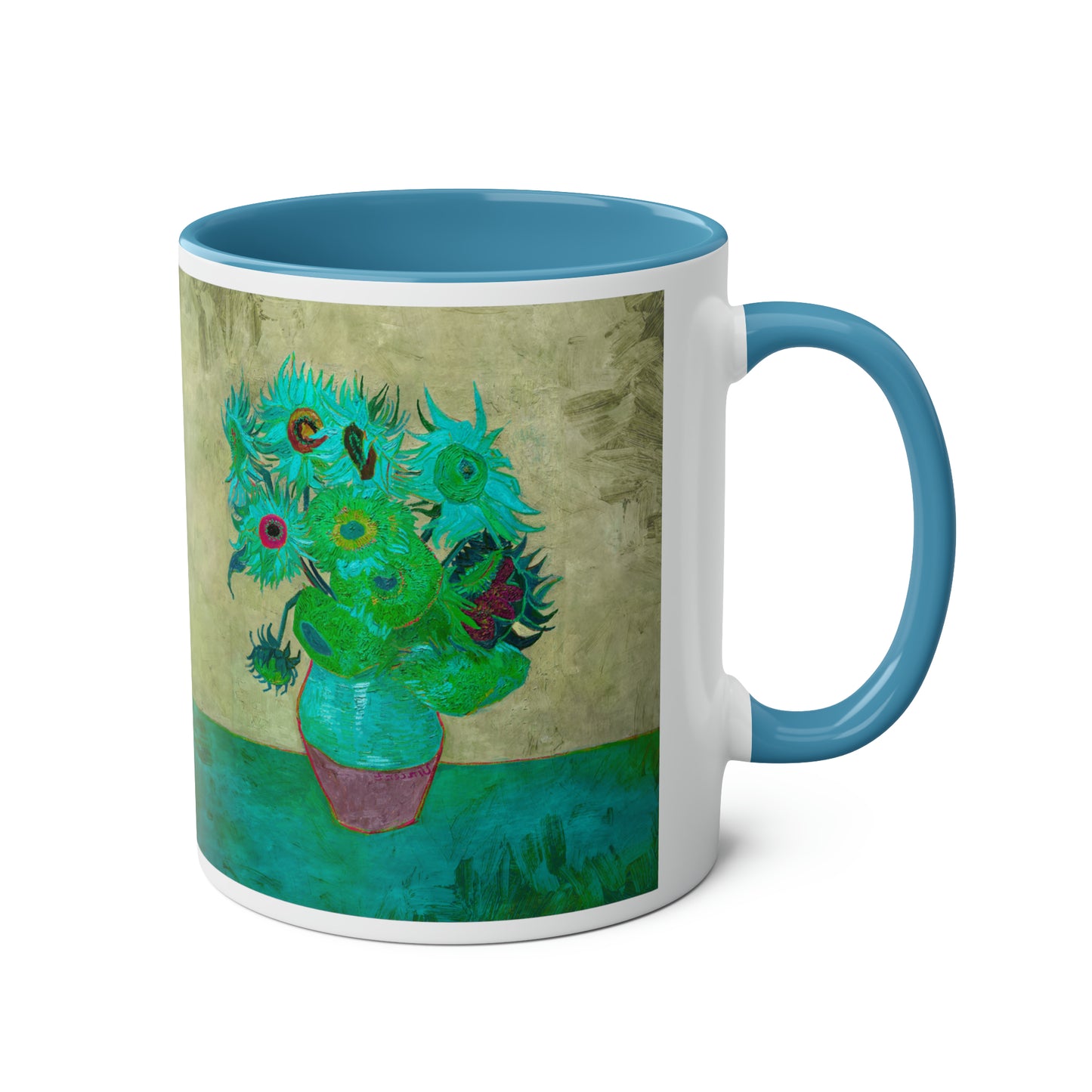 Van Gogh's Vase with Twelve Sunflowers (1888–1889) - Pop art turqoise Fine Art Print Two-Tone Coffee Mugs, 11oz