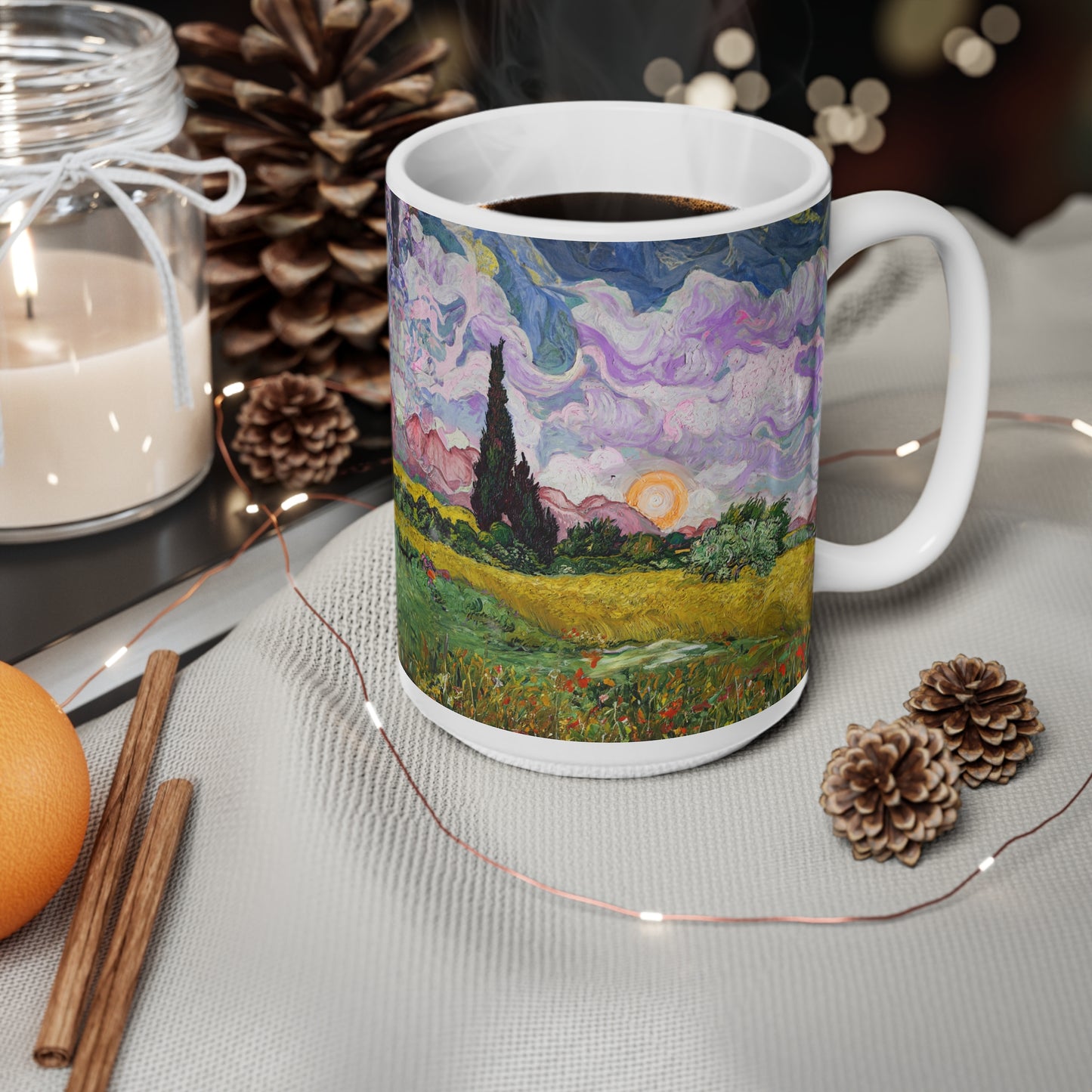 Van Gogh's Wheat Field with Cypresses (1889) - Sunset Fine Art Print Ceramic Coffee Mugs, 11oz, 15oz