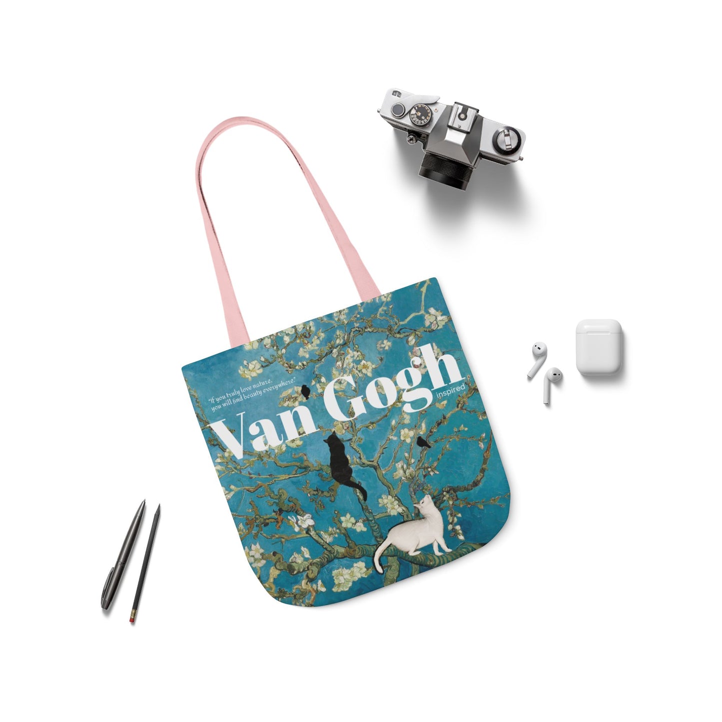 Vincent Vang Gogh Cherry Blossom - Cats - Canvas Tote Bag, 5-Color Straps